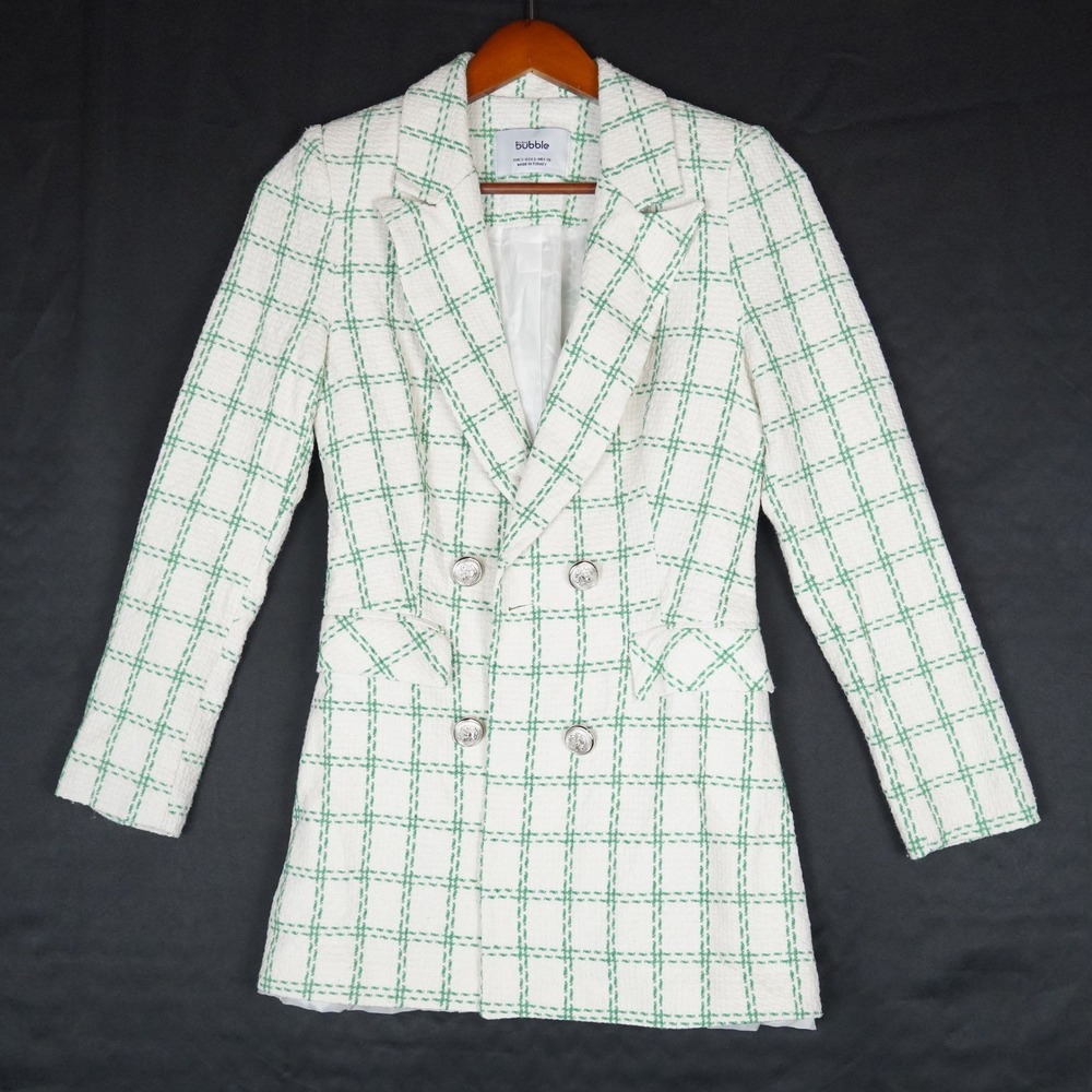 Fashion Bubble Blazer Women Small Green White Grid Plaid Tweed Double Breasted